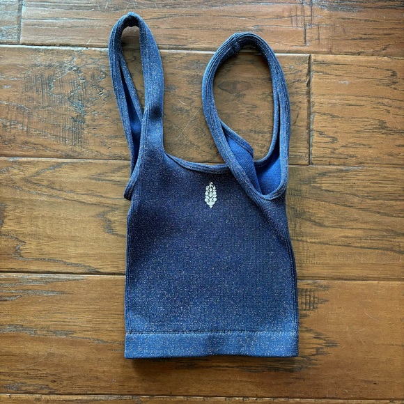 Free People Happiness Runs Square Neck Crop Tank M/L Navy Blue Lurex Sparkle - Picture 5 of 9